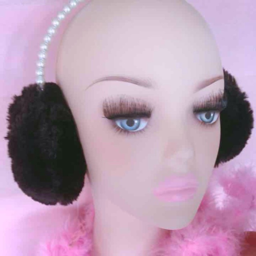 Earmuffs black Pom Pom winter snow Pearl band hair